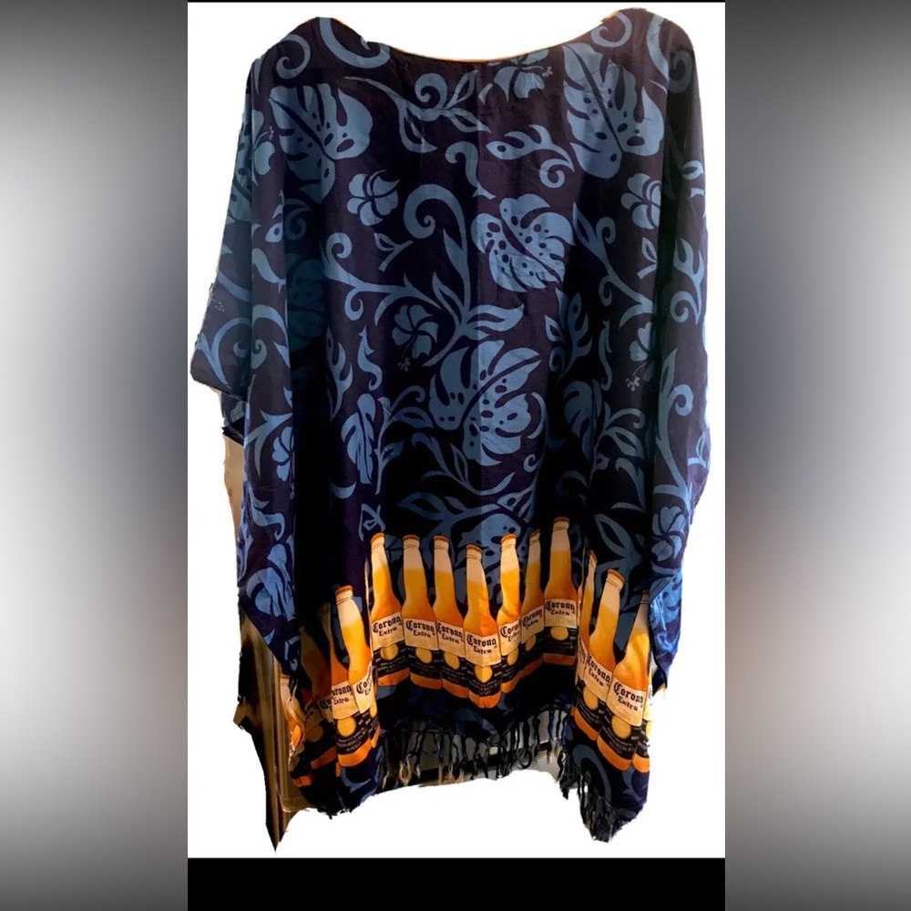 CORONA EXTRA Beer Tunic Beach Poncho Rayon Blue Tropical Fringe resort wear OS